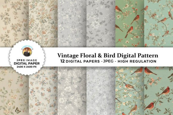 Vintage Floral Bird Digital Patterns